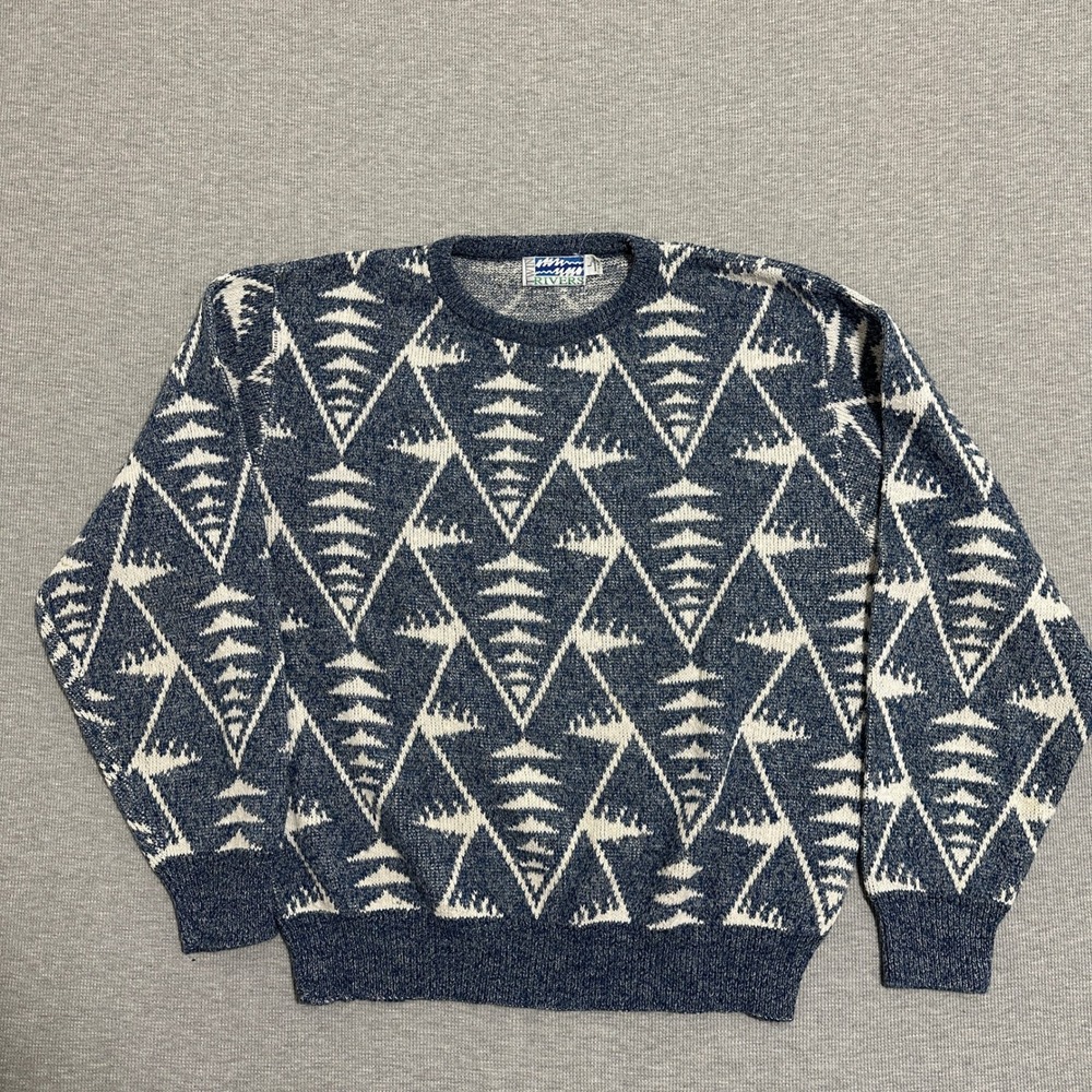 Twin Rivers Vintage 90s Geometric Knit Crewneck Sweater Blue White Mens Size L